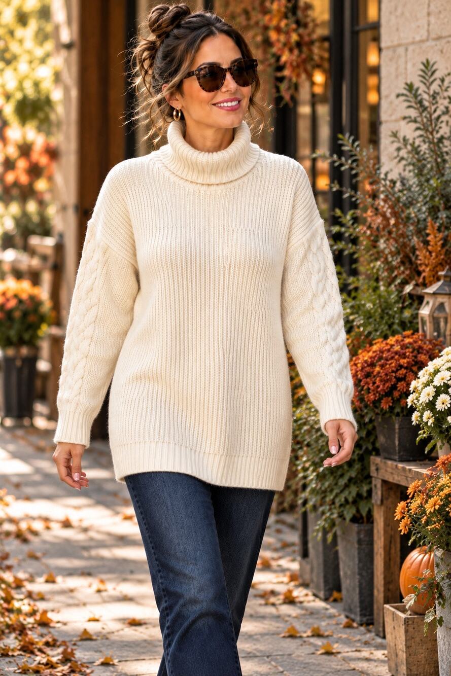 St John’s Bay L Ivory Cable Knit Turtleneck Tunic Sweater